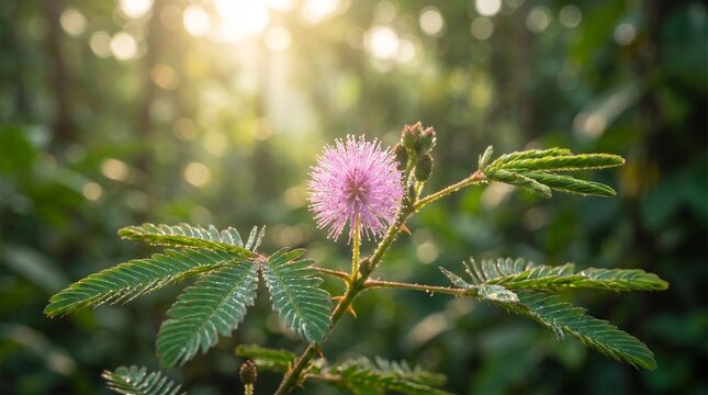 A macro photo of a sensitive plant (Mimosa pudica) pink flower at sunrise.