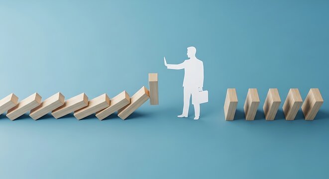 Businessman stopping domino effect with his hand on a blue background