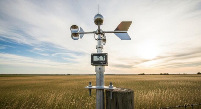 A close-up view of a modern weather station with an anemometer and wind vane standing in a vast golden field under a dramatic cloudy sky at sunset.