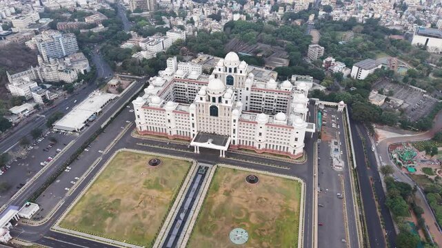 Aerial shot of Secretariat of Telangana in Hyderabad, India
