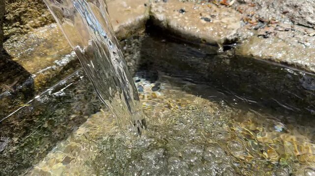 Natural Forest Stream Flowing from a Spring Realistic Waterfall, Fountain Cascade, Ripple Mist in a Woodland Landscape Fresh Water Source Scenic Nature Footage