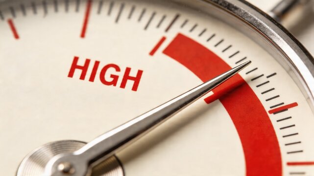 A gauge measuring risk with a high level warning, indicating a critical situation requiring immediate attention and assessment for risk management and mitigation.