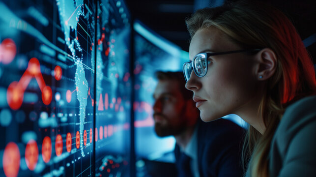 Cybersecurity Analysts Monitoring Global Network Threats in Data Center
