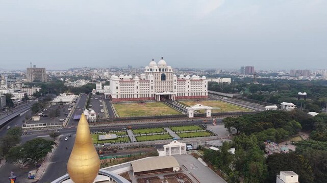 Aerial Shot of Secretariat Building of Telangana with Martyrs Memorial in Hyderabad, India