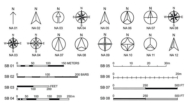 North arrow and scale bar symbols vector transparent background for architectural site plan and map design elements illustration.
