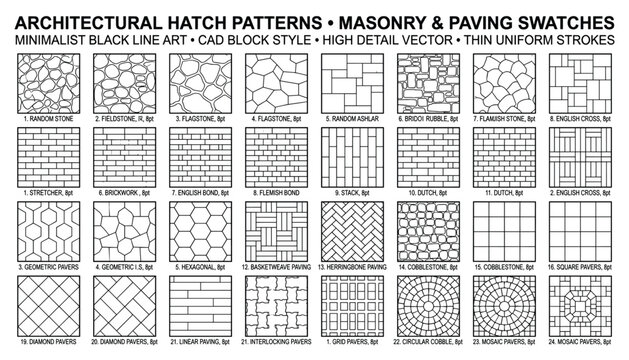 Architectural hatch patterns masonry paving swatches minimalist black line art cad block style vector.