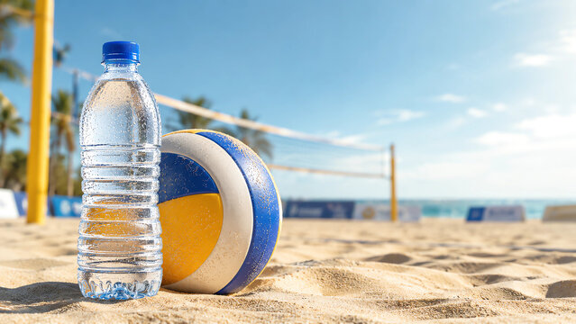 Premium Mineral Water Bottle and Beach Volleyball on Sandy Court
