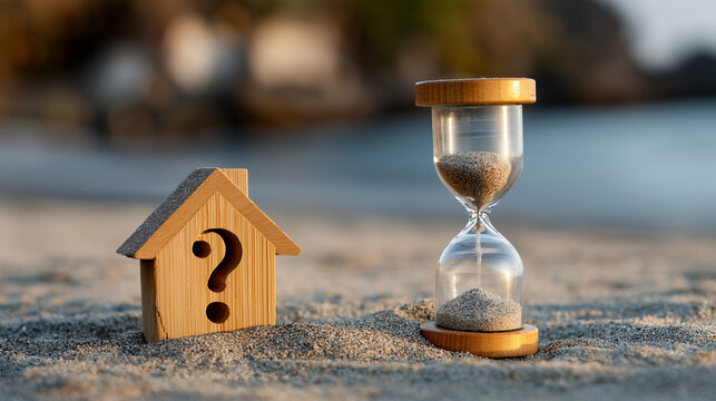 Sand and a house with a question mark by the beach near the ocean during sunset hours showing time passing in a unique way