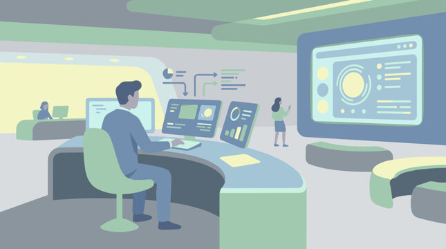 Control room operator at console monitoring screens.