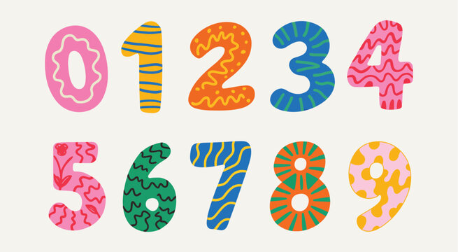 Colorful Kids Numbers Vector Set from 0 to 9 with Doodle Messy Pattern Lines and Hand Drawn Style for Stickers, Branding, Social Media and Printable Designs
