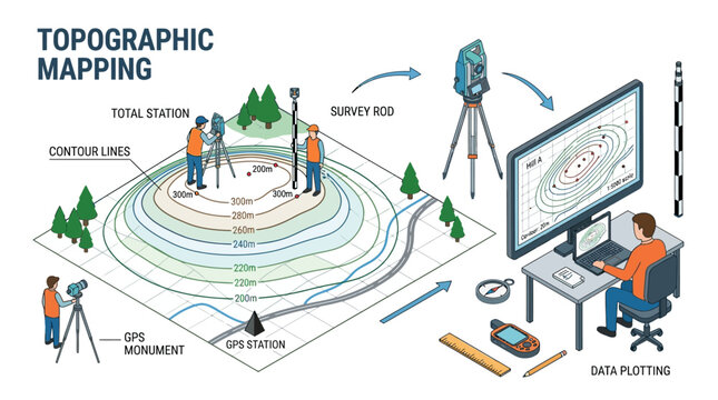 Illustration of Topographic Mapping Process with Surveying Equipment