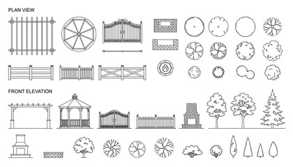 Fototapeta premium Architectural landscape symbols for fences gates gazebos trees and fireplace on transparent background.