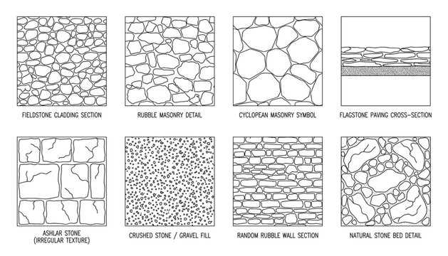 Collection of stone wall and paving textures on transparent background vector graphic set.