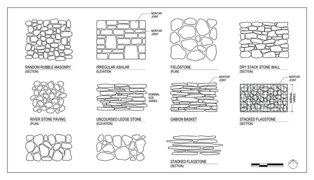 Stone wall and paving elevation and section details with transparent background vector elements.