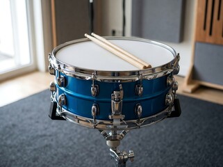 Obraz premium Blue snare drum with drumsticks on a stand in a music studio