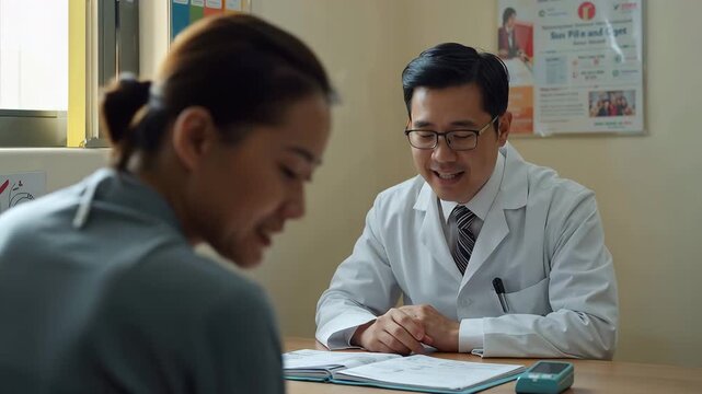 病院のナースステーションで通話し記録を確認する看護師