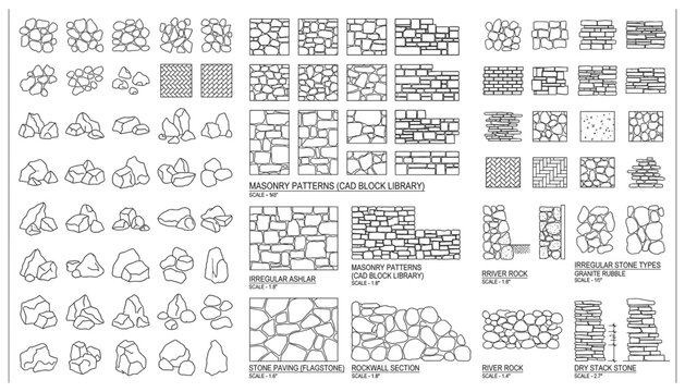 Architectural cad block library of masonry patterns and stone types with transparent background vector.