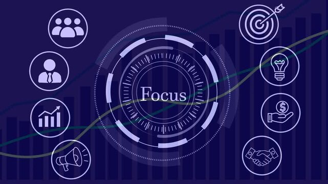 Business strategy focus concept with digital interface icons and animated data chart background