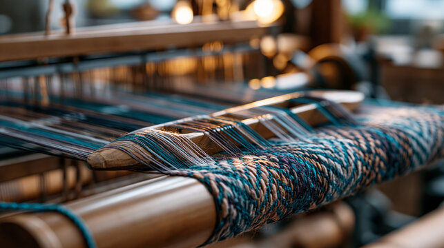 Textile mill loom in close-up single object detail, shuttle threads interlacing wool fibers in geometric chevron patterns, warm golden hour light streaming through factory windows onto moving parts,