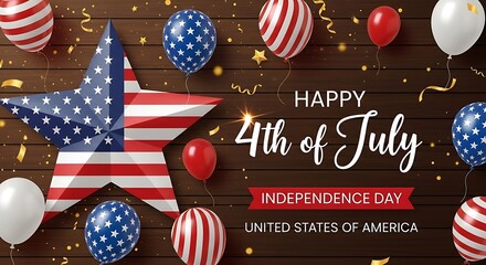 Obraz premium Happy 4th of july celebration with american flag star and balloons on wooden background with confetti and ribbons