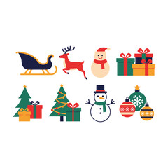 Fototapeta premium Christmas Holiday Icon Set with Santa Sleigh Reindeer Snowman Tree and Festive Gift Boxes