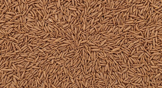 A dense collection of cumin seeds covers the entire frame. The seeds are a rich brown color and have a rough, textured surface.