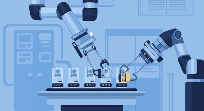 Robotic arms assembling products on a factory production line, automation concept.