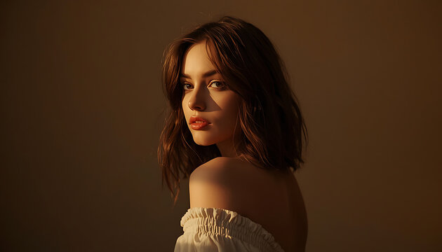 Golden Hour Portrait: A woman gazes over her shoulder, illuminated by the warm light of golden hour, creating a portrait filled with serenity and contemplation.