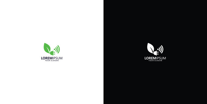 Modern Eco-Friendly Power Logo Featuring a Green Leaf and Electric Plug Icon, Symbolizing Sustainable Energy Solutions and Environmental Responsibility for a Clean Technology Brand