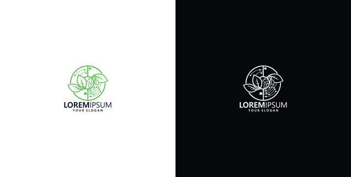 Abstract circular logo with floral elements and stylized leaves, presented in both white and black backgrounds for versatile branding