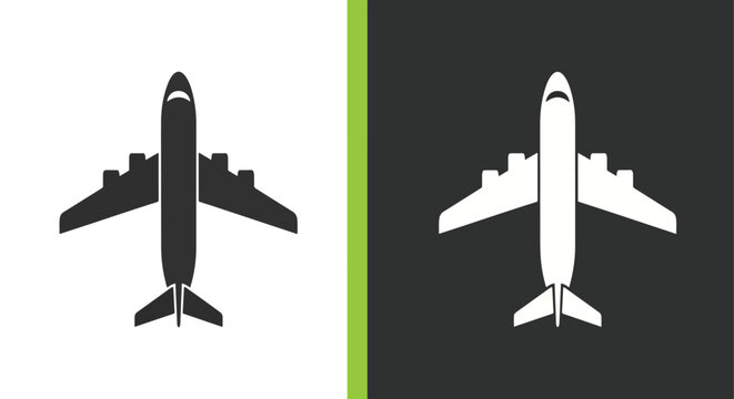 Airplane vector icons in flight and side view - Minimalist, flat icon, outline, glyph, linear, clipart, sticker - icon set