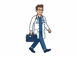 Fototapeta premium Vector illustration of a friendly male doctor walking with a medical bag and stethoscope