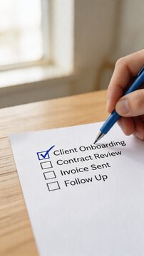 A close-up of a hand holding a blue pen checking a box on a paper checklist for client onboarding and contract review, sitting on a wooden desk near a window, conveying a sense of business management
