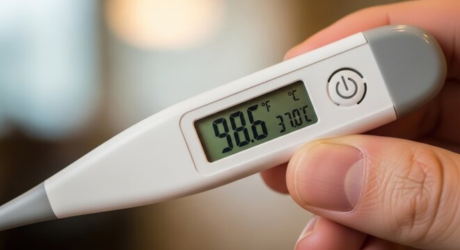A close-up shot of a person's hand holding a white and grey digital thermometer displaying a normal body temperature of 98.6&deg;F and 37.0&deg;C.