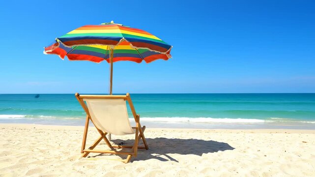Beach scene with a rainbow umbrella, chair, sand, sea, and clear sky