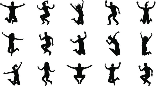 Diverse Group of Happy People Jumping and Celebrating Joy Success Silhouettes