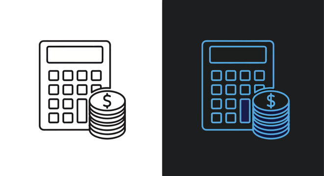 Vector calculator and coin stack icons for finance - Minimalist, flat icon, outline, glyph, linear, clipart, sticker - icon set