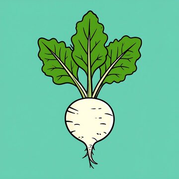 White Radish Illustration With Green Leaves On Teal Background Simple Minimalist Vector Art Graphic For Food Design
