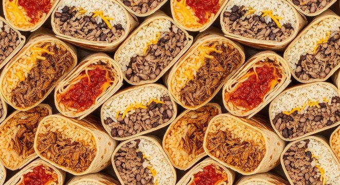 A collection of burritos is arranged in a pattern. Each burrito is filled with rice, beans, shredded cheese, and various meats.