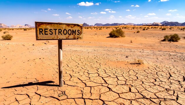 Old Rusty Restrooms Sign In Arid Desert Landscape With Cracked Earth Ground Under Bright Blue And Distant Mountains