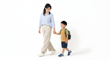 Fototapeta premium Woman with two little children walking in the street, isolated on white background 16,9
