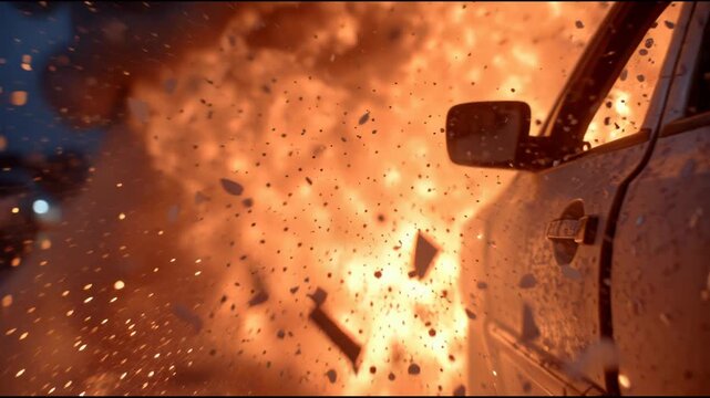 Intense Car Explosion with Debris Flying in Slow Motion.