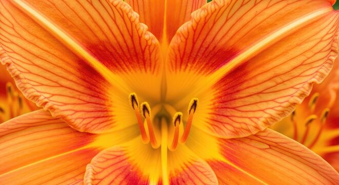 A vibrant orange daylily flower is fully open, revealing its intricate petal structure and central reproductive parts.