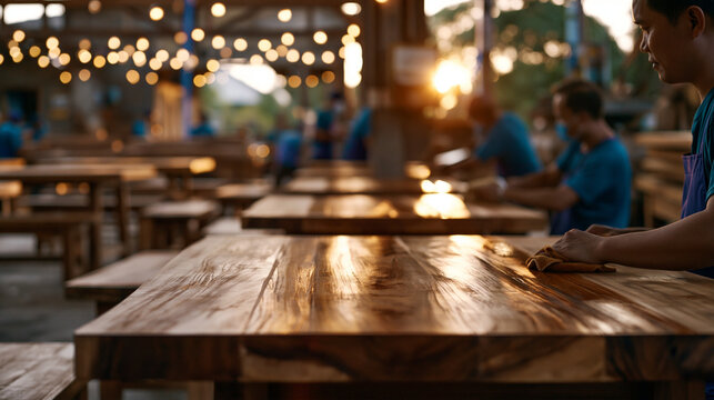 Golden hour inside a wood furniture assembly hall, a craftsman dry-fitting mortise and tenon joints on a large oak dining table frame, dust motes drifting in diagonal light beams from high windows, 