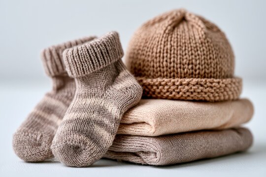 Cozy knitted baby clothes including socks, a hat, and a folded sweater, in soft neutral tones.