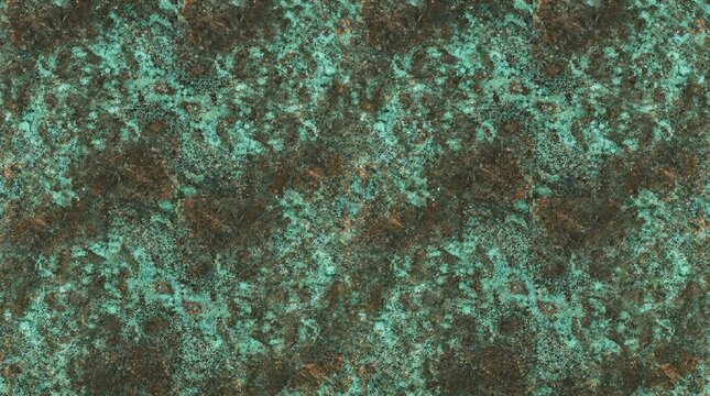 A close-up image of a copper surface exhibiting significant verdigris corrosion.