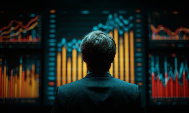 A businessman looking at financial charts on screen