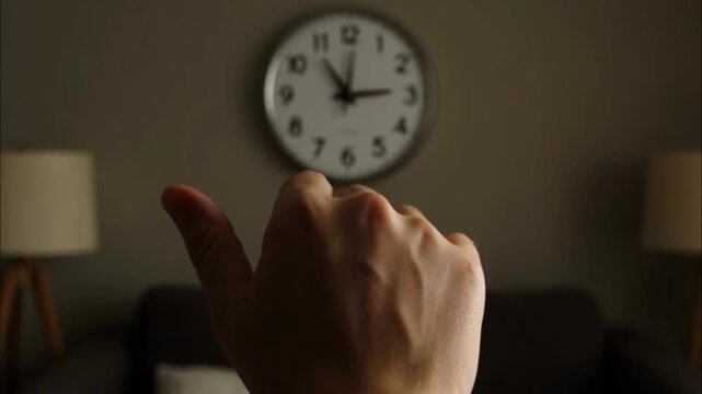 Hand in front of clock face.