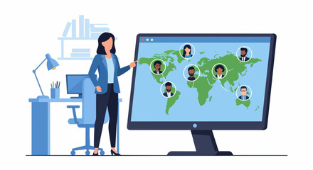 Naklejka premium Businesswoman Managing Global Remote Team on Computer Screen with World Map. Professional International Networking, Digital Collaboration, and Outsourcing Concept Illustration.
