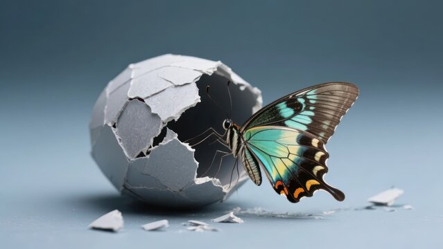 A butterfly with vibrant blue wings emerges from a broken off-white eggshell, capturing the moment of metamorphosis and new life, full of vitality and symbolism.